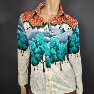 Vintage 70s Landscape Trees Novelty Print Button Up Shirt Dagger Collar Size M